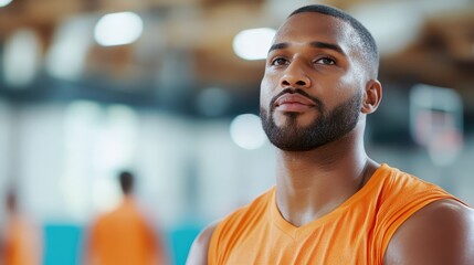 Focused basketball player prepares for action on the court during practice