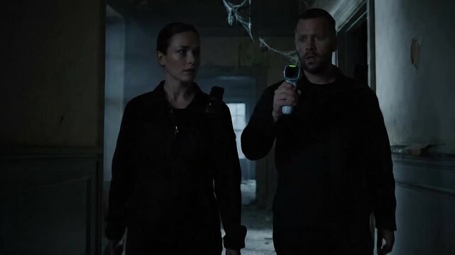 Ghost Hunters Walking Through Haunted House