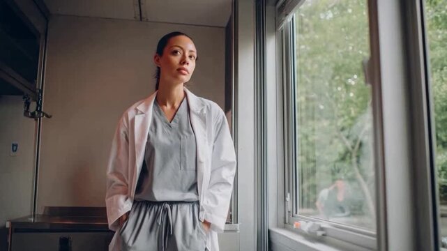 Thoughtful Healthcare Professional: A focused healthcare worker, attired in a medical coat, contemplates the day's events, the image captures a moment of introspection and dedication.
