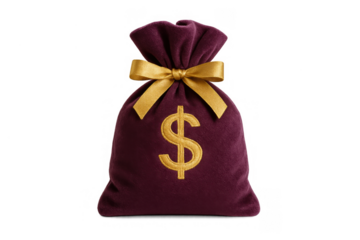 Purple money bag with dollar symbol and golden ribbon tying, representing wealth, banking, savings, and financial success