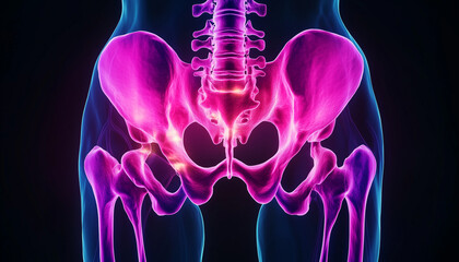 3D render showing female pelvic anatomy with glowing bones and joints highlighted in pink. Lumbar spine connects to hip bones, inner
