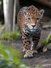 Obraz premium Jaguar full body walking forward in forest, alert expression, spotted fur, powerful predator, natural habitat