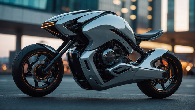 Future electric motorcycle concept standing on urban street