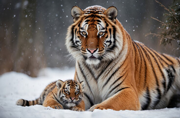 Obraz premium Tiger mother and cub resting in winter snow