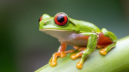 Fototapeta premium Striking red-eyed tree frog perched on vibrant banana shoots in the rainforest