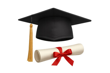 Graduation cap with gold tassel and rolled diploma with red ribbon, symbolizing academic achievement and success
