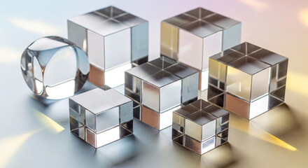 Geometric glass cubes and prisms with light refraction.
A collection of various geometric glass cubes and a sphere reflecting and refracting light on a soft gradient background.