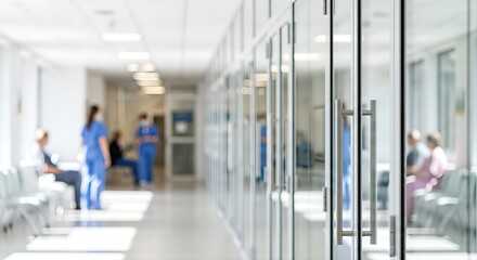 Hospital corridor with glass doors leading to waiting area, featuring medical staff in scrubs and patients seated, showcasing a clean and modern healthcare environment with copy space