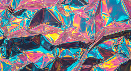 Iridescent crumpled holographic foil texture
Close-up of crumpled holographic foil with vibrant iridescent colors and metallic reflections