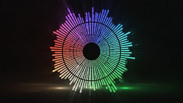 Vibrant circular audio spectrum with glowing rainbow bars pulsing to the beat, a neon soundwave visualizer against a dark background with dynamic light effects