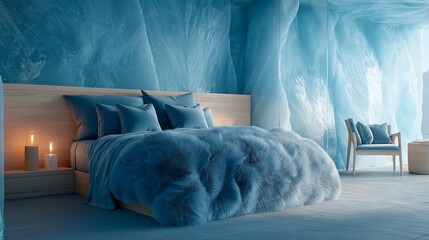 A serene bedroom with icy blue walls and frosted decor. Soft bedding and candles create a cozy atmosphere. The room has an arctic vibe with cool tones.