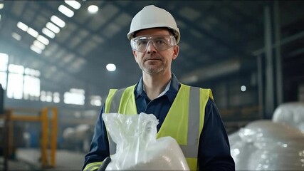 A factory worker in safety gear holds a bag of materials. He wears safety glasses, a hard hat and a reflective vest while standing in a warehouse.