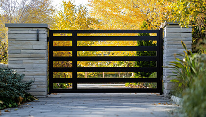 Modern black metal gate with sleek horizontal lines and smart lock. The entrance to a neat residential garden with rich green bushes and