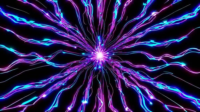 Symmetrical, kaleidoscopic animation of glowing blue and purple light particles forming wavy lines and flowing from a central bright source, creating a vibrant and mesmerizing energy tunnel