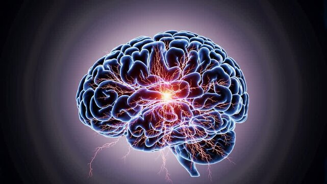 Digital brain visualization with a glowing core sending electric impulses through neural networks, symbolizing thought, intelligence, creativity, and futuristic cognitive activity