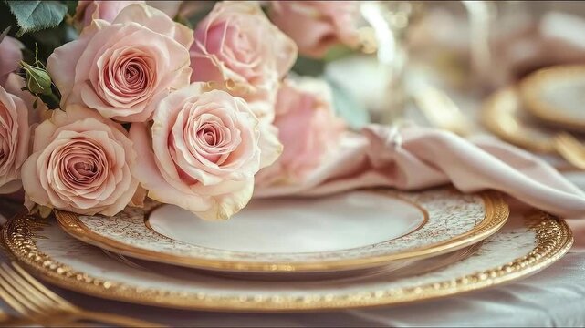 An elegant table setting is shown. A stack of gold-rimmed plates is surrounded by pink roses and a neatly tied napkin.