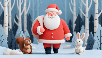 Adorable illustration of Santa Claus walking through a snowy winter forest with a rabbit and squirrel, creating a cozy festive holiday mood.