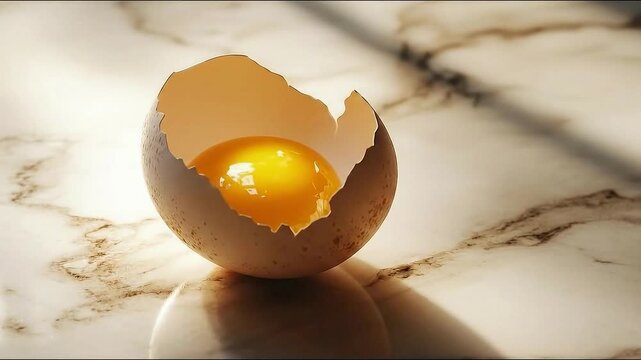 Close-up of a cracked egg, showcasing its yolk. The image likely represents the "food" or "ingredient" concepts