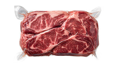 Raw beef meat steak vacuum sealed in plastic packaging isolated on transparent background