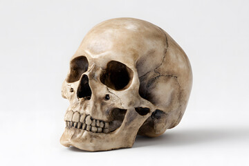 Naklejka premium Detailed human skull displayed on a plain surface showing its anatomical features and structure in a well-lit environment