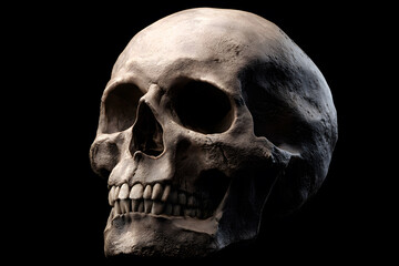 Fototapeta premium Detailed view of a human skull against a dark background showcasing skeletal features and dental structure