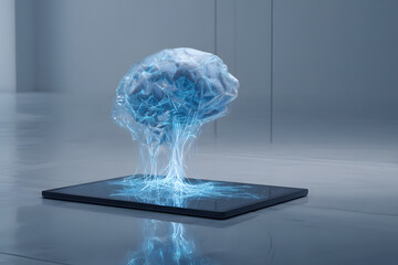 Holographic brain displayed above tablet in a modern tech workspace