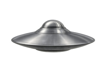 Flying saucer hovering, alien spacecraft, unidentified flying object, metallic chrome disc on transparent background