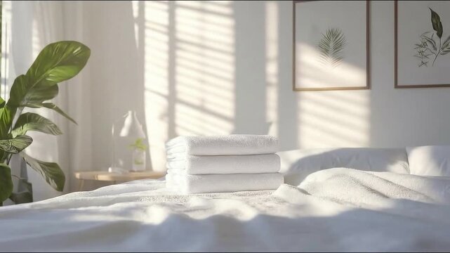 Stacked towels rest on an unmade bed, illuminated by sunlight streaming through blinds. Artwork hangs on the wall, enhancing the room's serene and cozy atmosphere.
