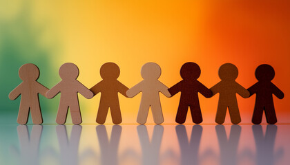 Wooden figures of diverse people holding hands together on white surface. The concept is about teamwork equality and inclusion. This