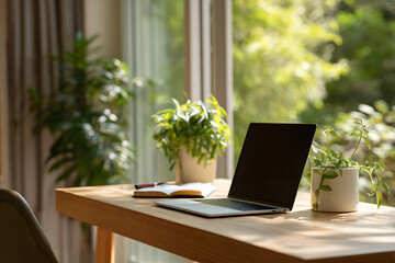 Fototapeta premium Workspace with laptop, notepad, and plants in a sunlit room during afternoon hours