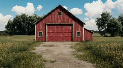 Obraz premium Rustic Red Barn in a Wildflower Field