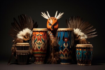 Tribal ceremonial objects featuring an owl mask, feathers, and decorated percussion instruments