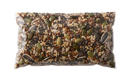 Mixed healthy superfood seeds in plastic zipper bag isolated on transparent background