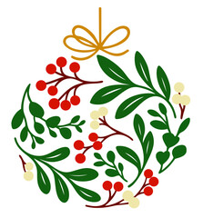 Christmas Floral Wreath Ornament with Green Leaves, Red Berries and Golden Bow © OS