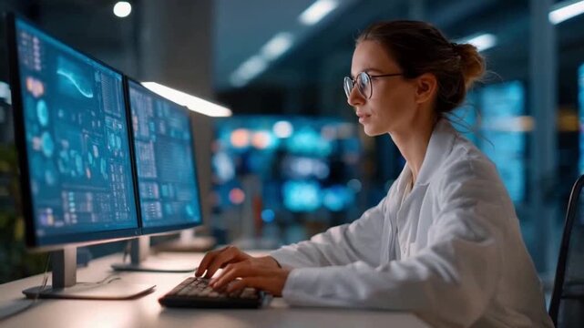 Focused Scientist at Work: A diligent scientist meticulously analyses data displayed on dual monitors in a high-tech laboratory environment. Embodying precision and concentration.
