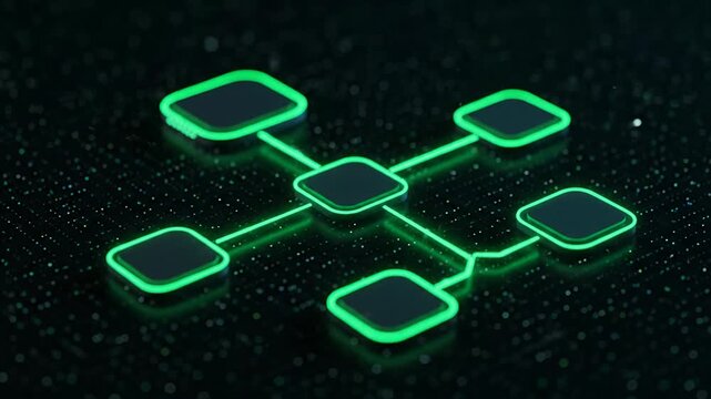 A futuristic network diagram with glowing green connections on a dark background