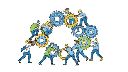 Teamwork in Motion: A collective effort is vividly depicted as individuals work together, interlocking gears and forming a powerful symbol of collaboration and synergy.