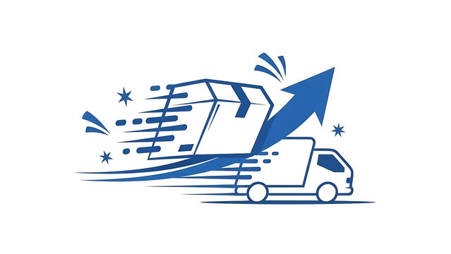 Swift Delivery: A dynamic truck swiftly transports a package, symbolizing efficient and reliable shipping service. An arrow indicates growth and speed in delivery. - Powered by Adobe