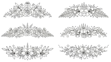 These elegant hand-drawn floral borders with festive elements offer versatile decorative accents for invitations, greeting cards, and various design projects.