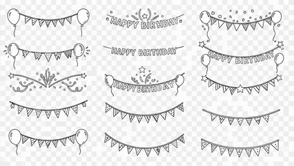 A charming collection of hand-drawn doodle party banners, festive pennants, and birthday garlands perfect for cheerful celebrations and special event decorations.