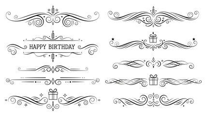 Elegant vintage-style decorative dividers and ornate borders with swirls, gift boxes, and a 'Happy Birthday' frame, ideal for invitations and greeting cards.
