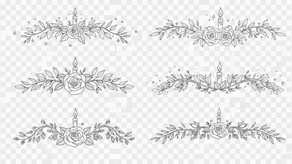 A collection of elegant hand-drawn floral dividers, featuring delicate roses and leafy branches, perfect for vintage-inspired graphic designs.