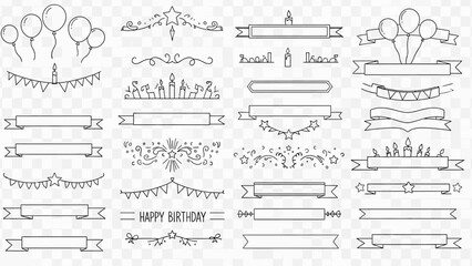 Stylish vector line art set showcasing birthday party decorations like balloons, ribbons, garlands, and confetti, perfect for festive projects.