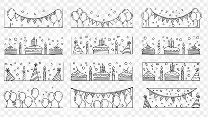 A charming collection of hand-drawn doodle style birthday celebration borders and banners, perfect for festive invitations and digital design projects.