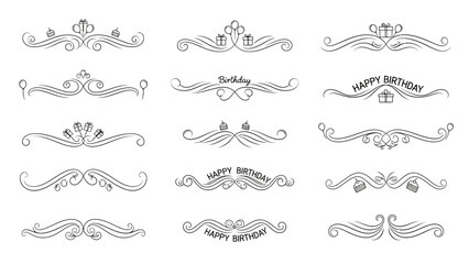 A collection of elegant vector line art decorative dividers with ornate swirls and 'Happy Birthday' motifs, perfect for invitations and greeting cards.