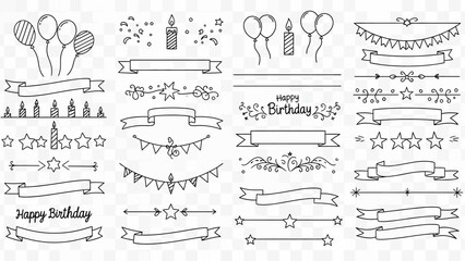 A versatile collection of black outline elements, including balloons, candles, banners, and stars, perfect for creating festive birthday and celebration designs.