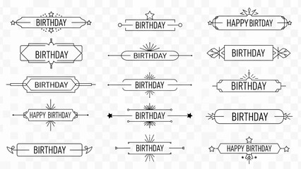 Elegant collection of minimalist line art birthday banners and decorative frames, perfect for invitations, cards, and festive graphic design projects.