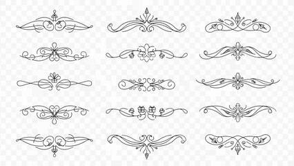Elegant black line art flourishes and ornate dividers are perfect for enhancing vintage designs, wedding invitations, and graphic projects.