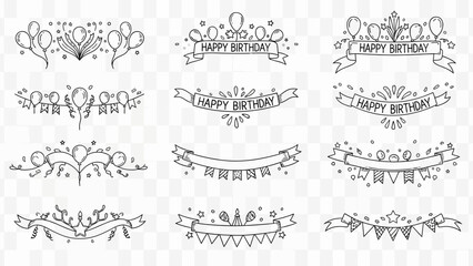 Elegant vector set features black outline birthday celebration elements, including festive banners, balloons, and decorative party flags, perfect for invitations.