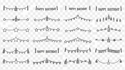 A comprehensive collection of elegant black and white line art birthday banners, festive garlands, and decorative elements perfect for invitations and party designs.
